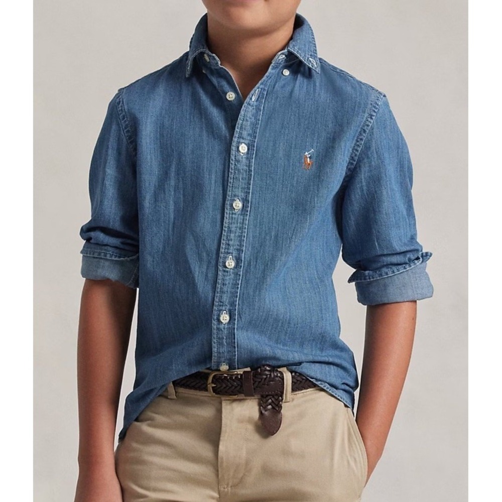 Polo Ralph Lauren Boys Button-Down Long Sleeve Pony Chambray Denim Shirt‎ Large - Picture 2 of 16
